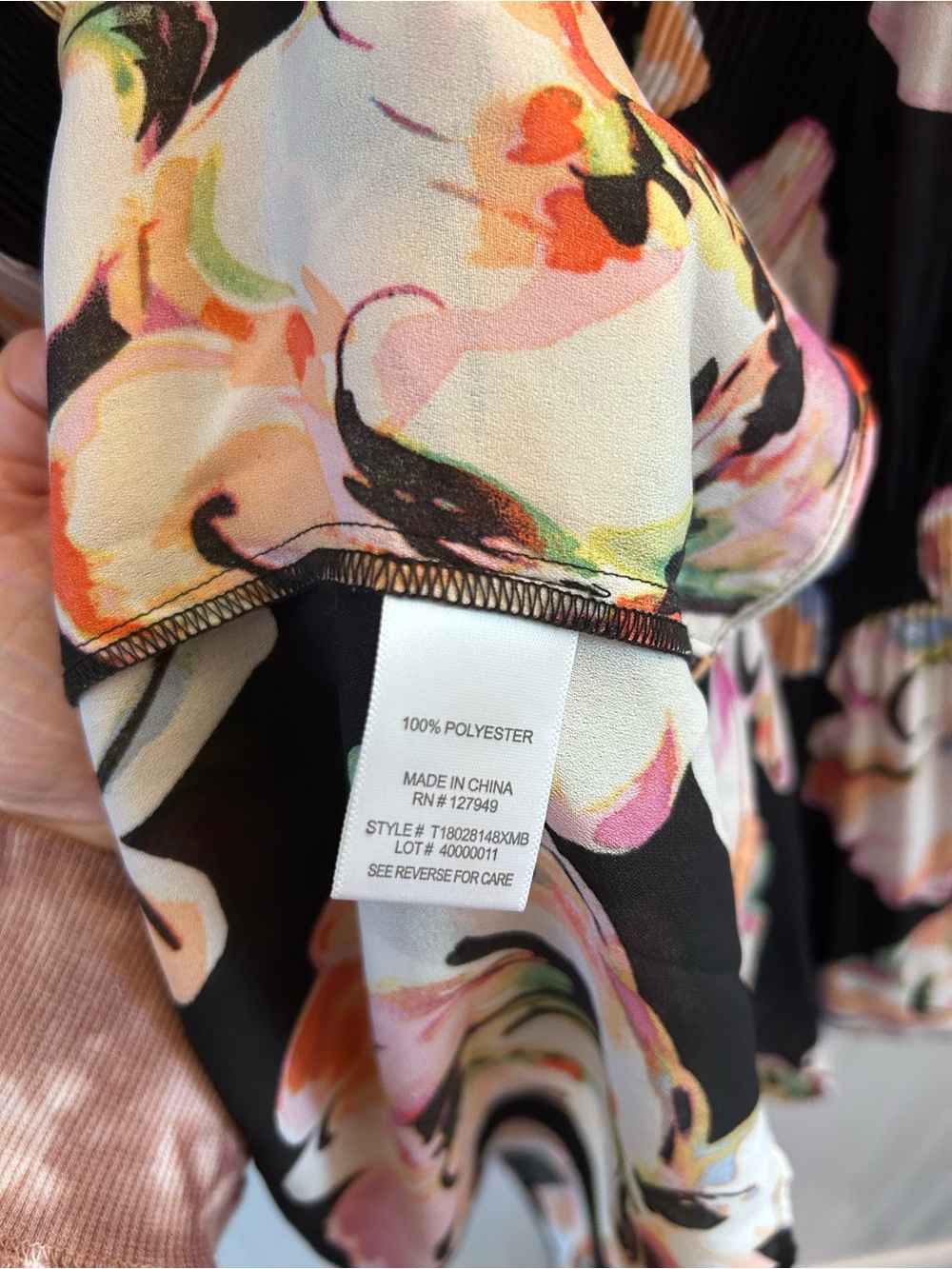 Floral & ivy Women's Black Floral Pleated Tunic with Pink & Peach Blooms 2X - Picture 6 of 6